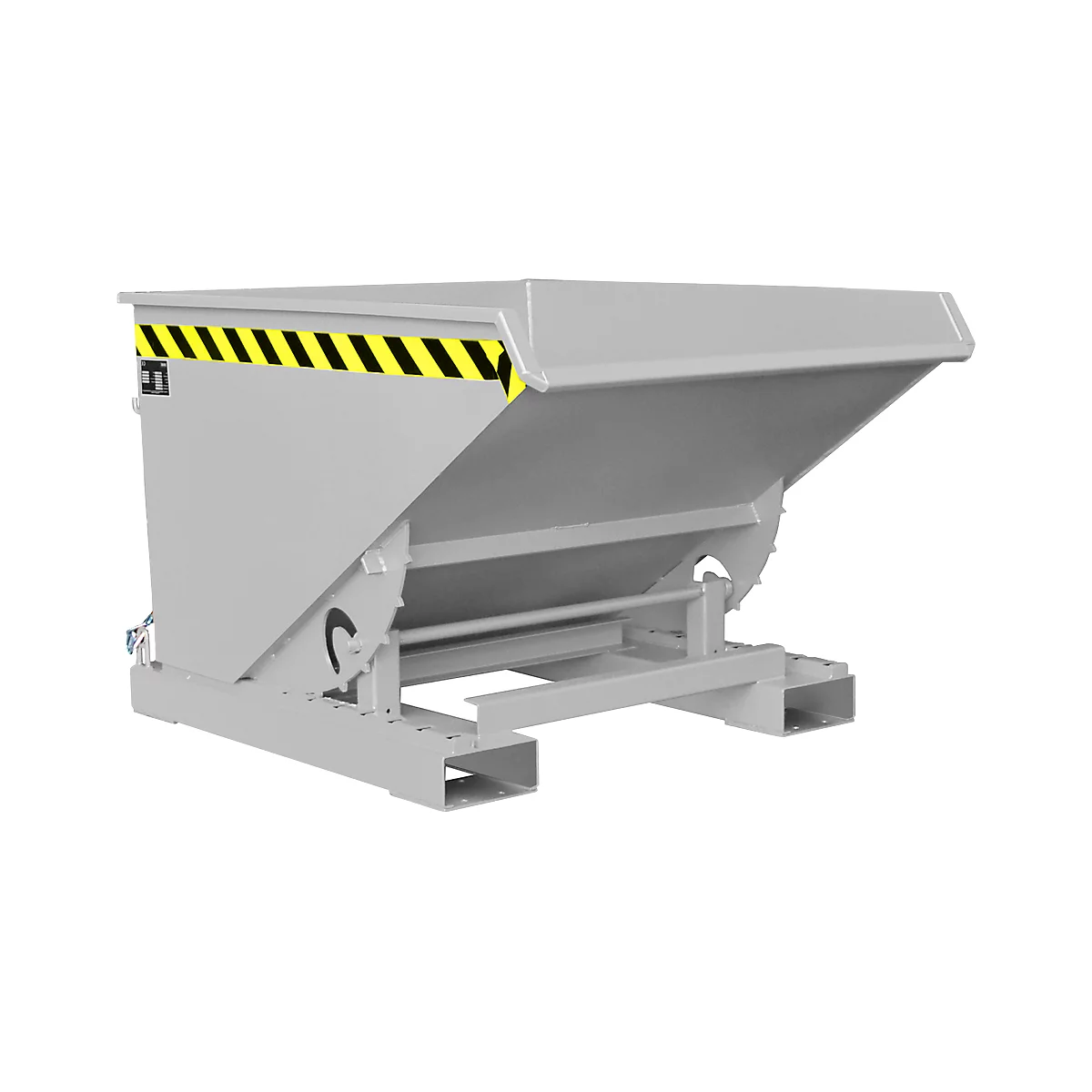 Gray tipping container, set at an angle, with yellow and black warning stripes.