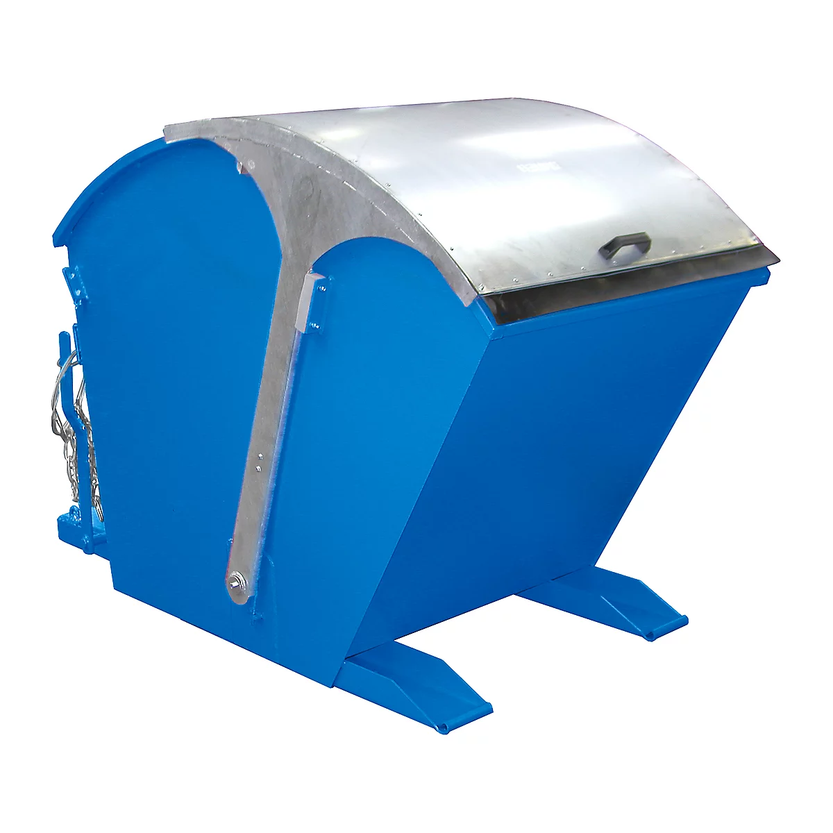 Blue tipping skip with silver lid. The container has feet for standing.
