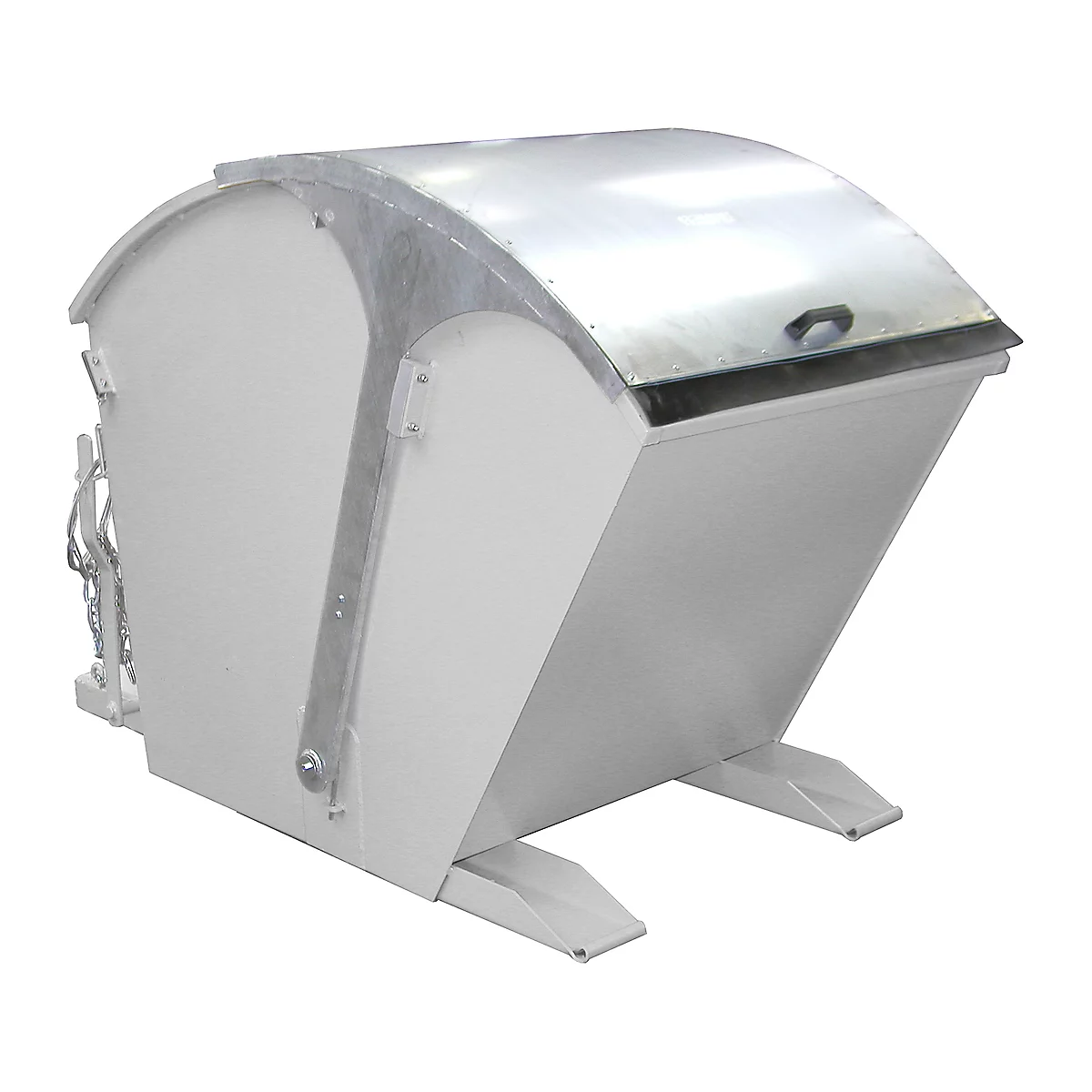 White waste container with lid and roller mechanism. Two feet at the front for parking, next to a chain.