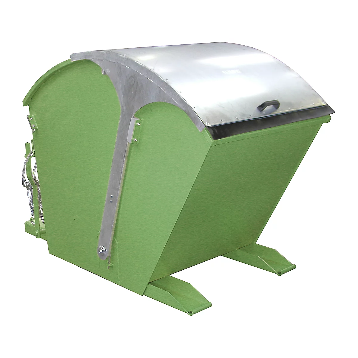 Green tipping skip with silver lid and metallic elements.