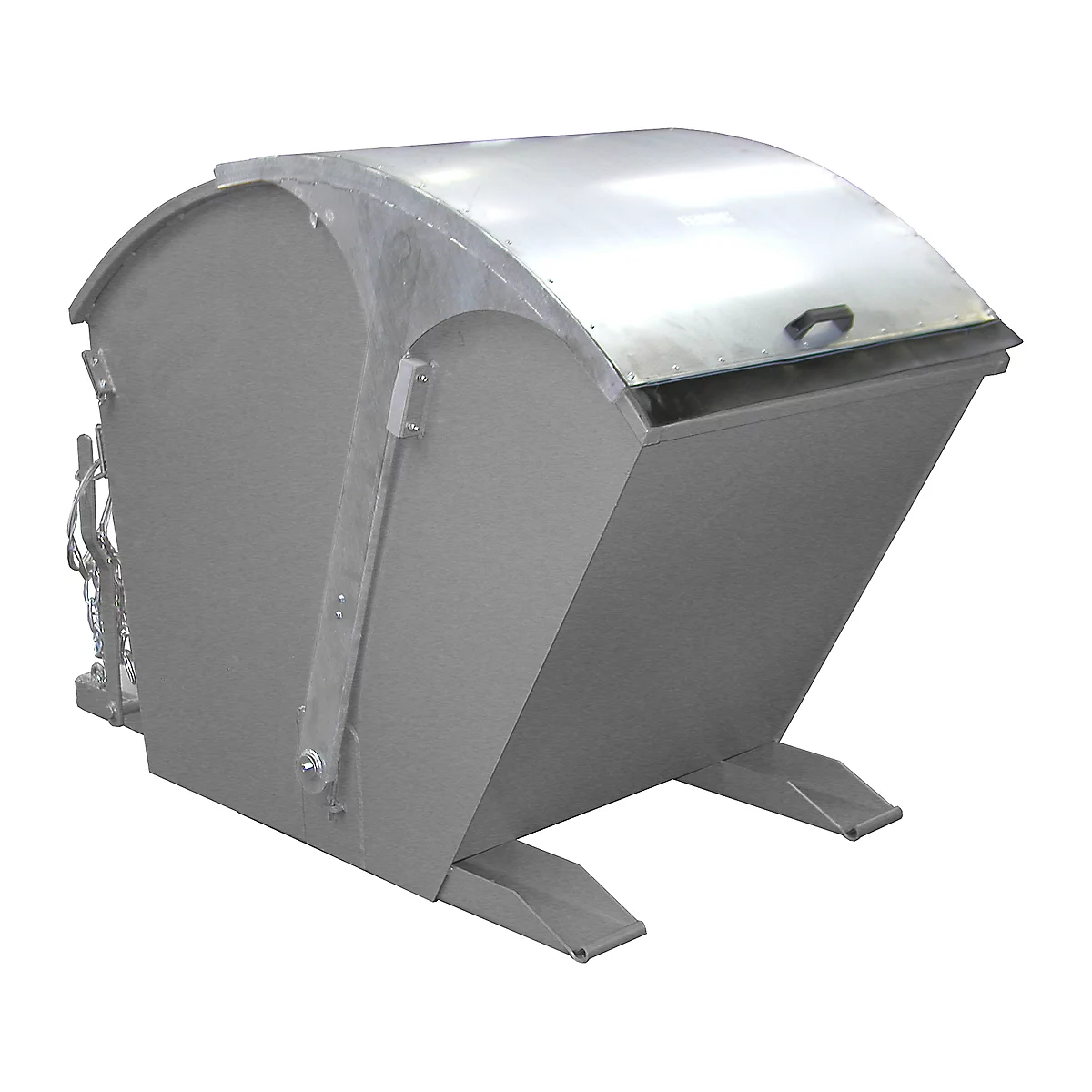 Gray trash bin with lid and cutouts.
