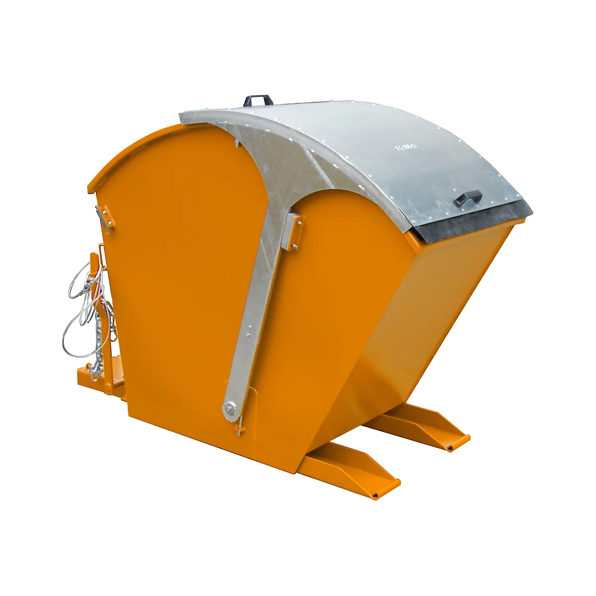 Yellow skip with grey lid, chain on the left, forklift mount.