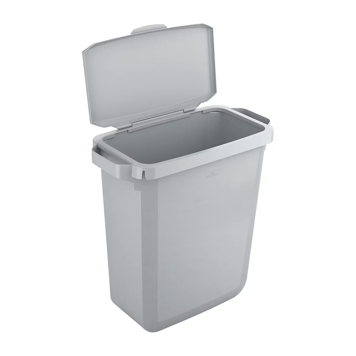 Grey trash can, lid half open.