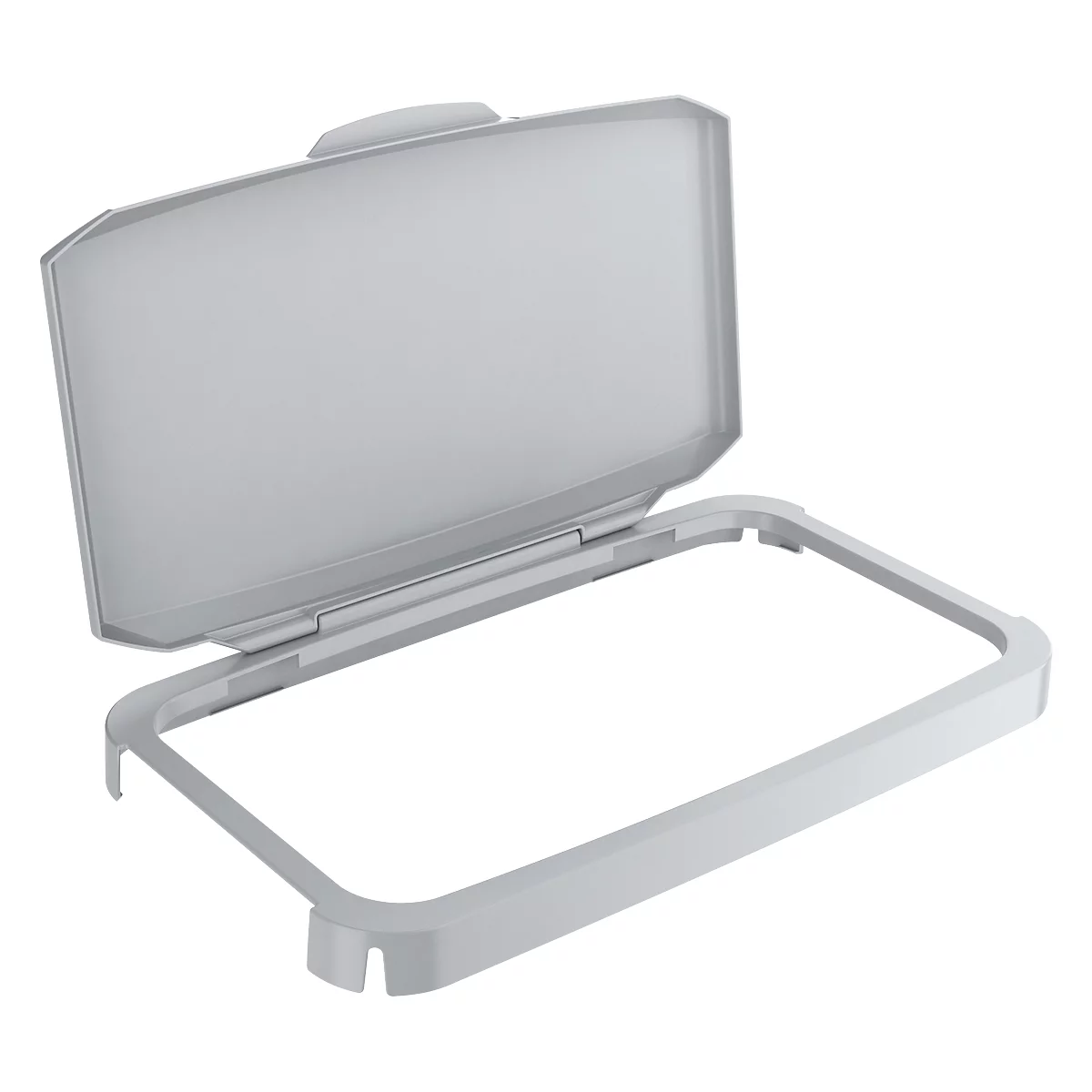 Grey plastic box with open lid. The lid is angular and the box is rectangular.