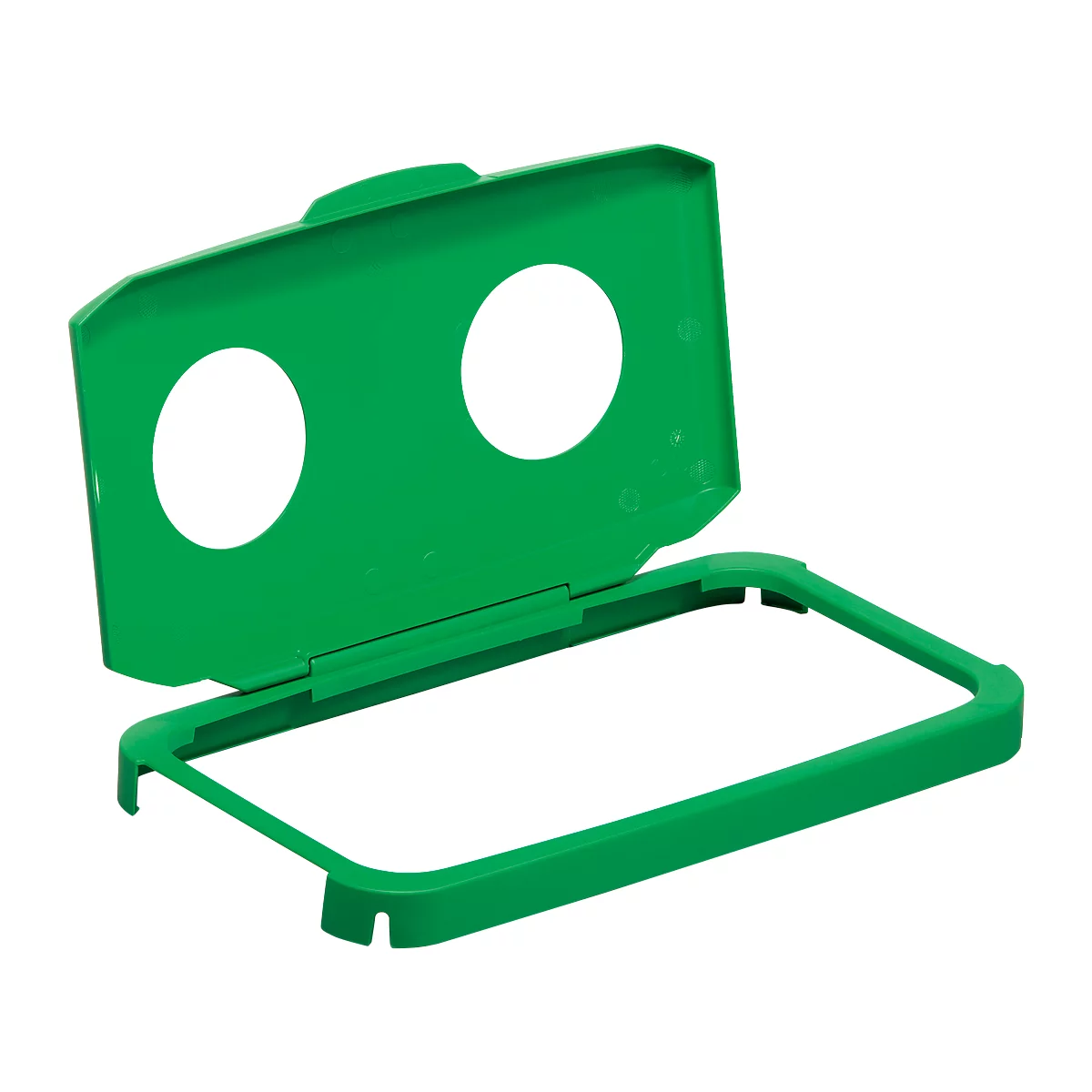 Green plastic box with two circular holes and a rectangular frame. Lid is open.