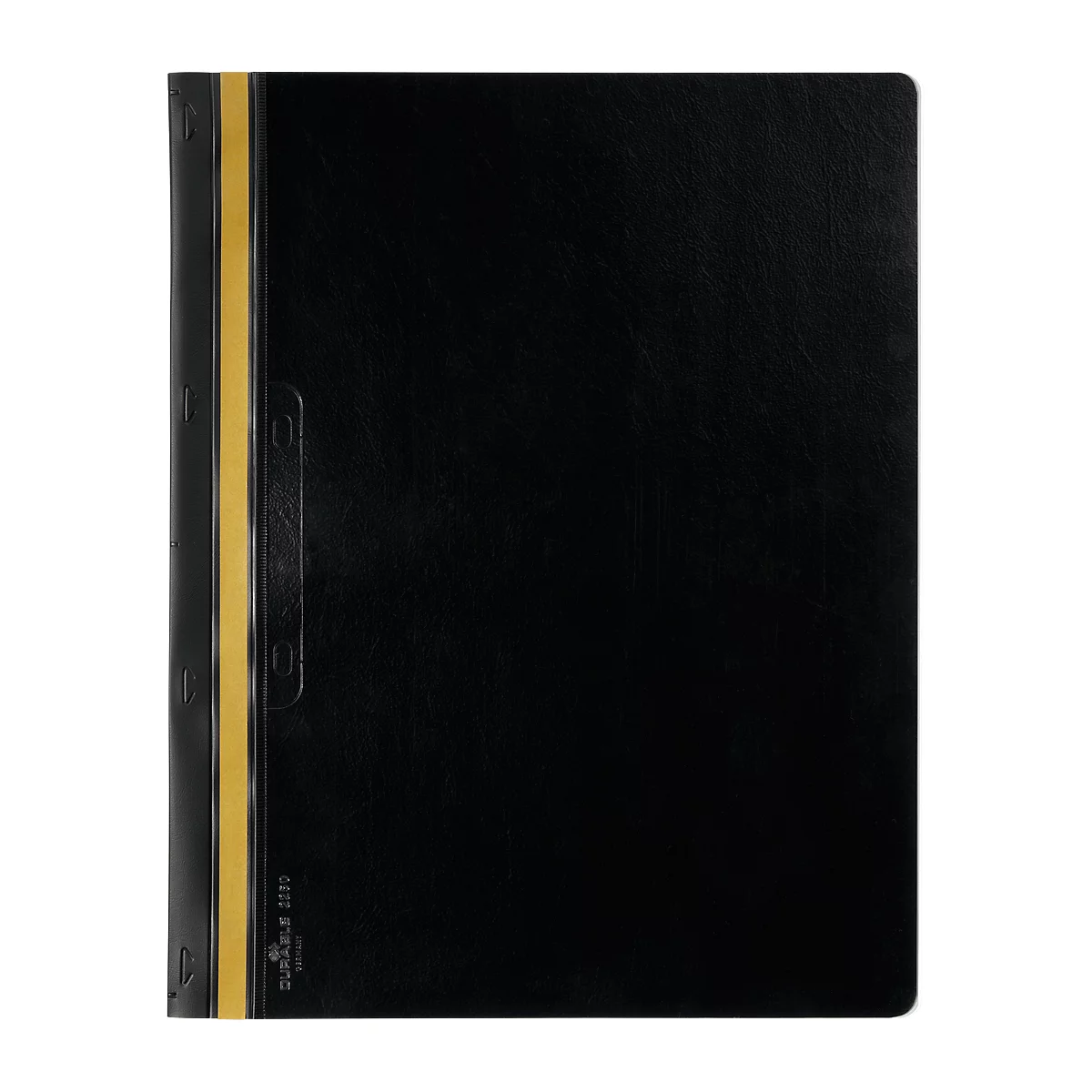 Black binder with yellow stripe on the side, handle and text.