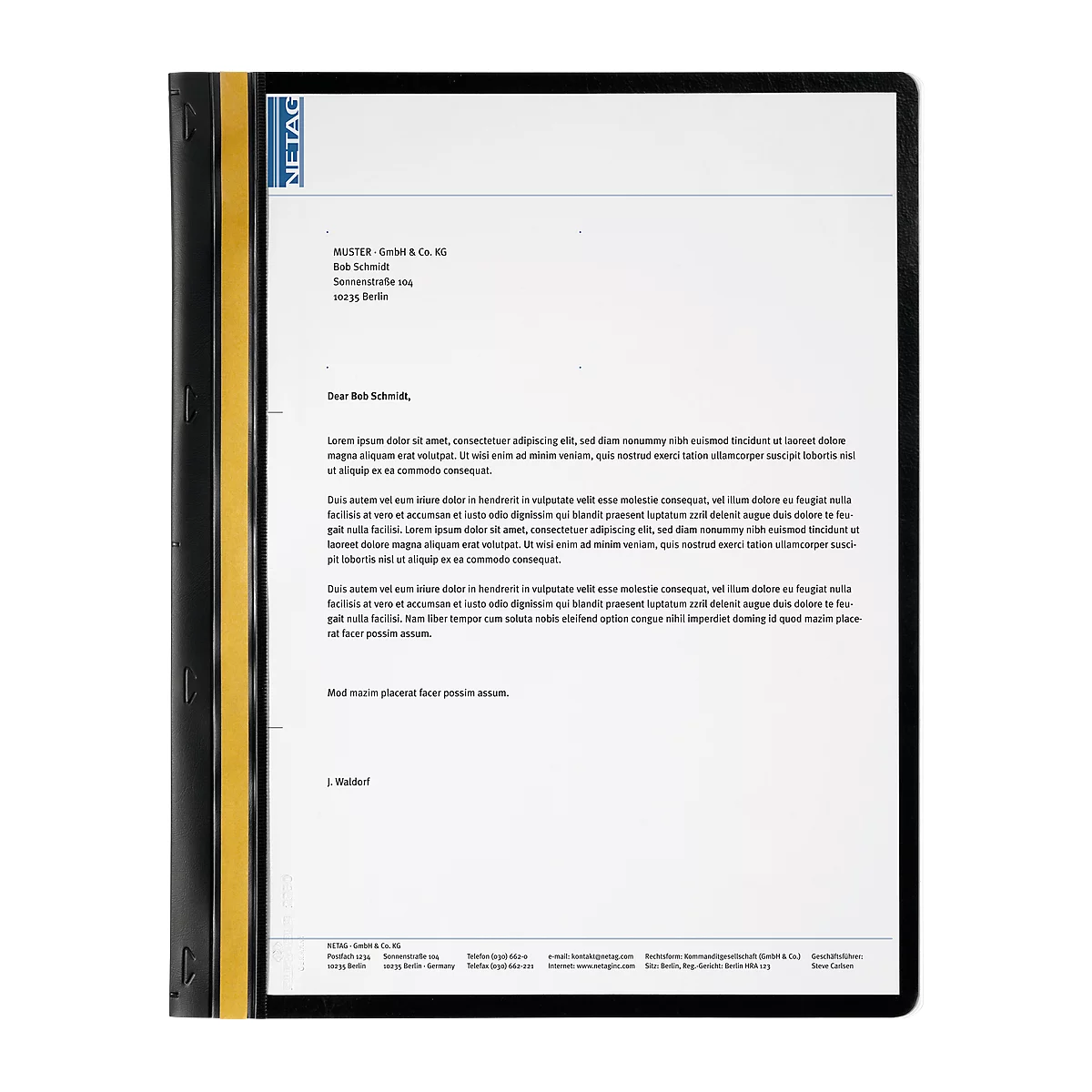 Letter in black file folder. Yellow stripe on the side. Addressed to Bob Schmidt.