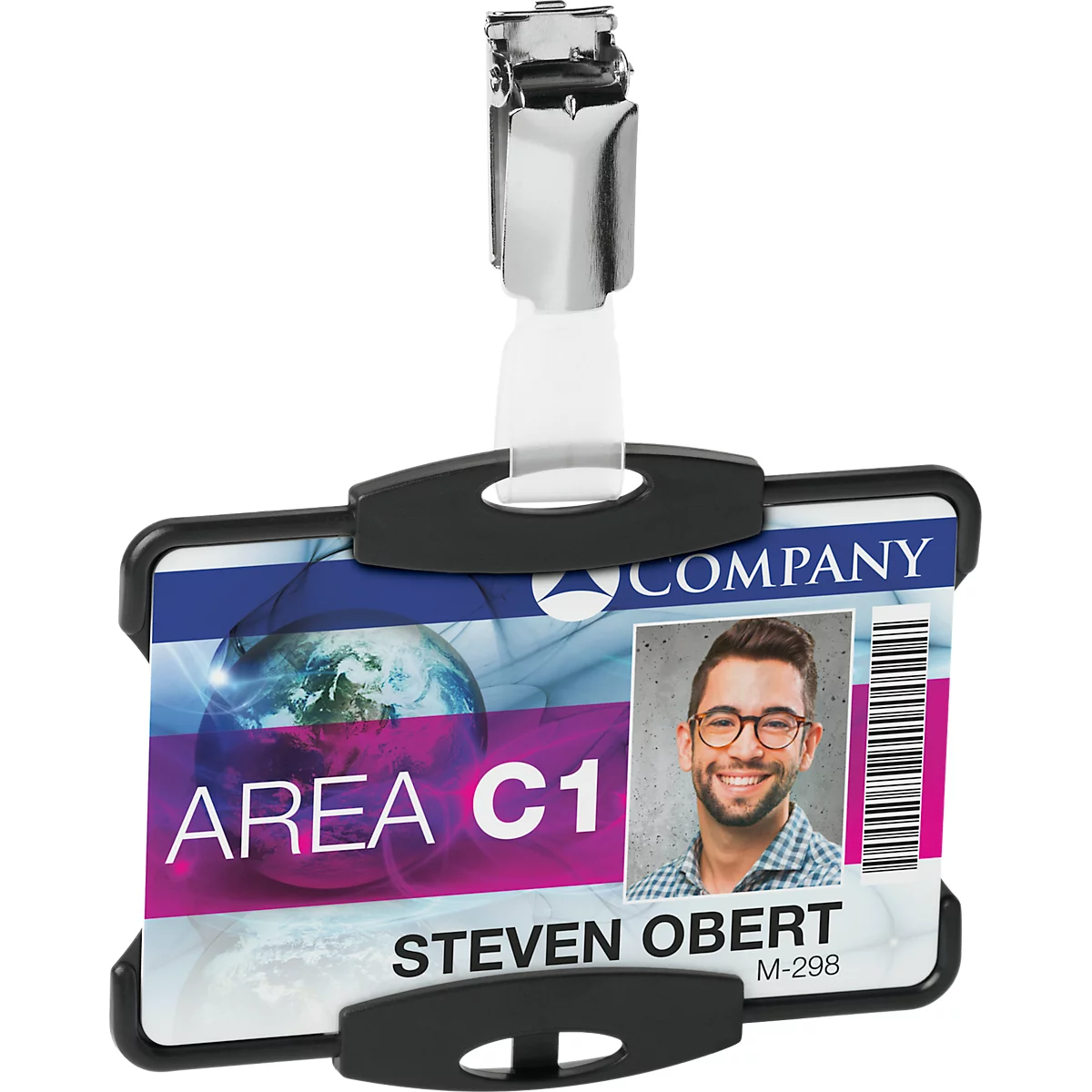 Schwarzer Ausweis mit Klippverschluss, darauf Foto, Firmenlogo und Barcode. Name: Steven Obert.