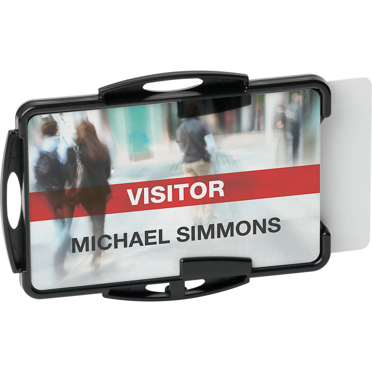 Schwarzer Ausweis-Halter mit Besucher-Namensschild, rotem Streifen und Text: Besucher Michael Simmons.