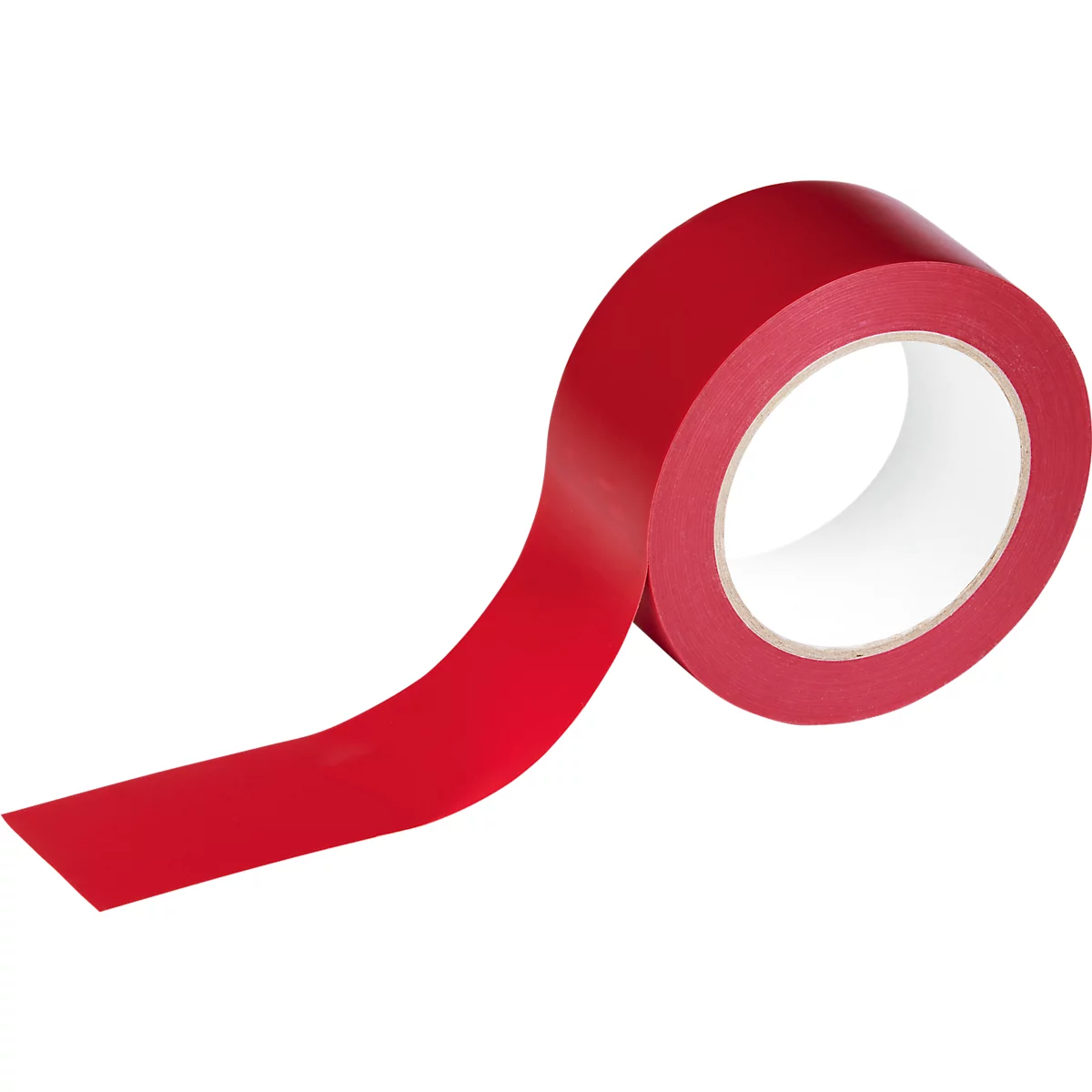 Roll of red tape, partially unrolled, on a white background.