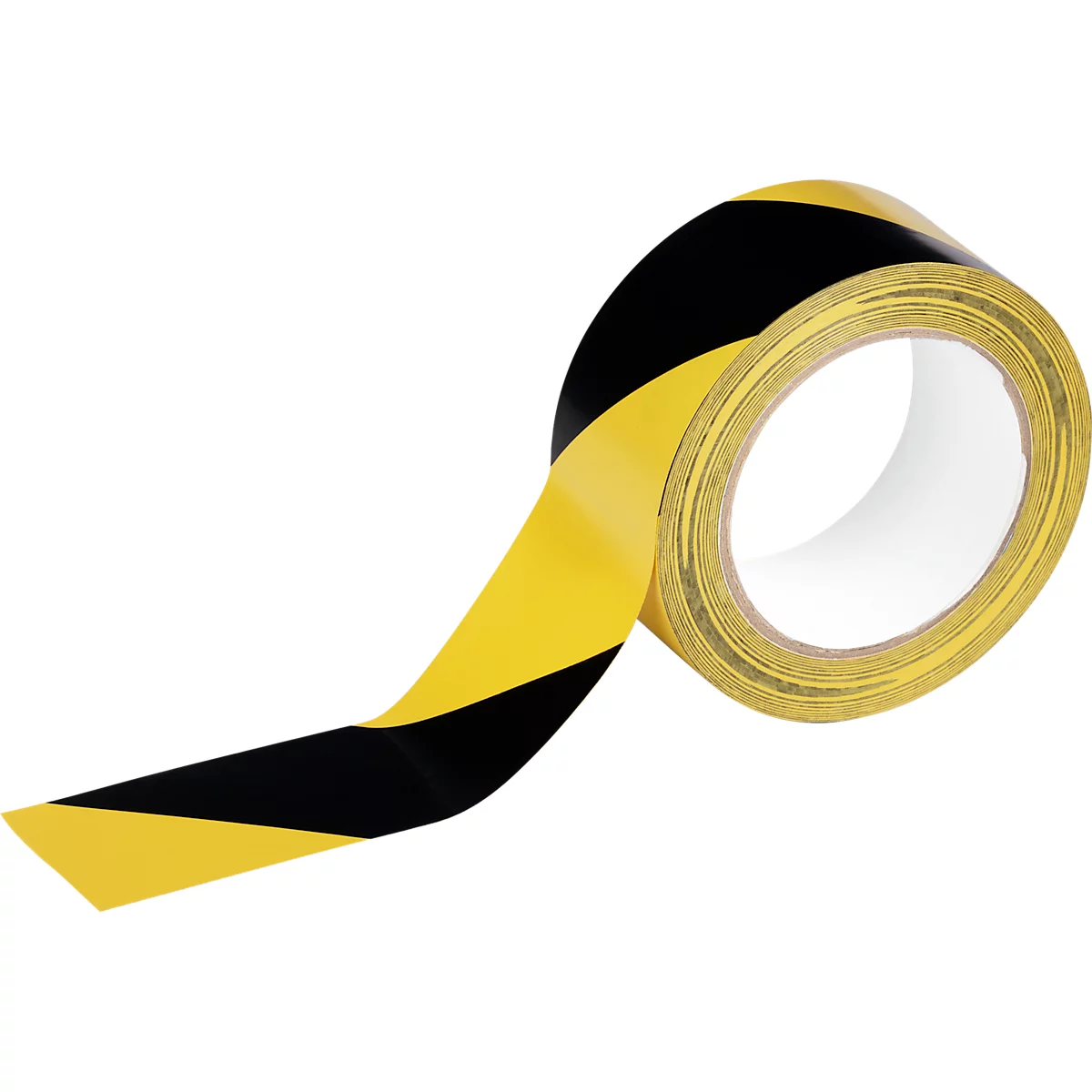 Yellow and black hazard tape unravelling from a roll.