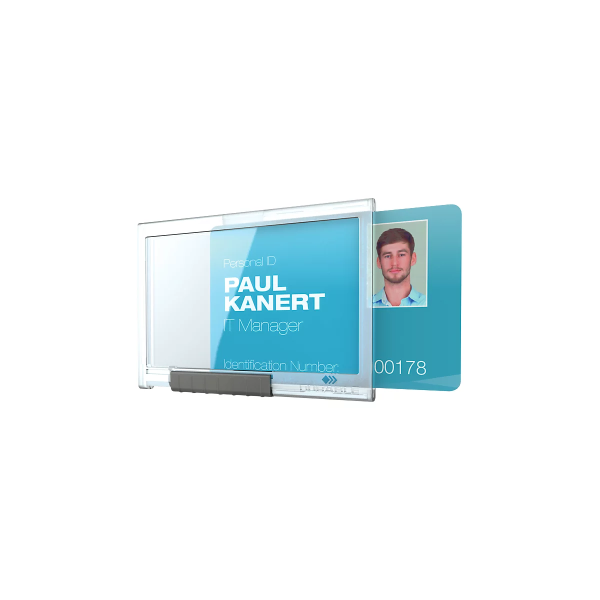 ID card with photo and name, text: Paul Kanert, IT Manager. White case.