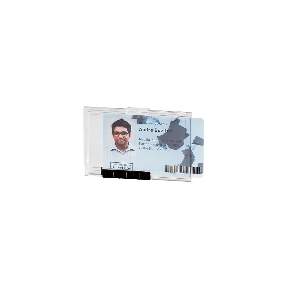 Student ID in a transparent holder. The ID card shows a photo of a man wearing glasses and the inscription "Andre Boelter".