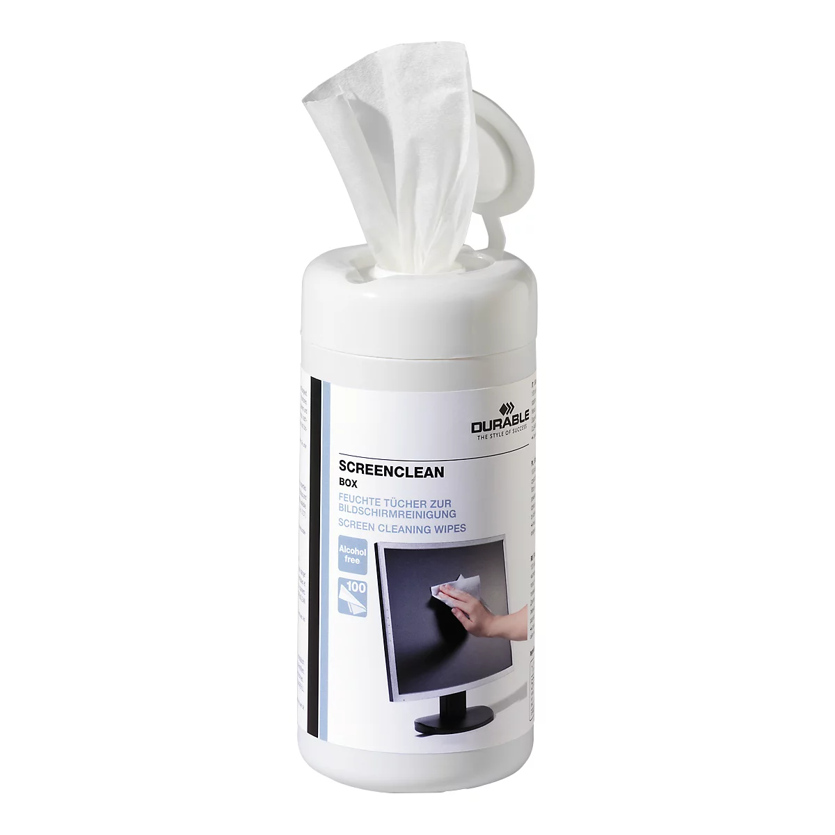 White screen cleaning box with cleaning wipes sticking out. Inscription: SCREENCLEAN.