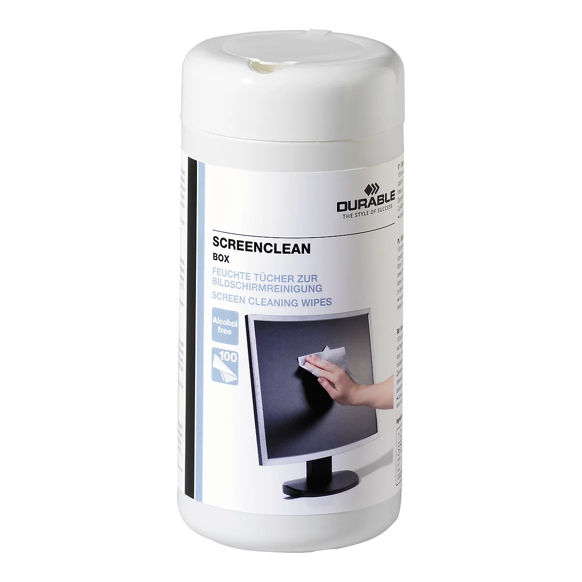 White box with screen cleaning wipes. A monitor is being cleaned with a wipe.