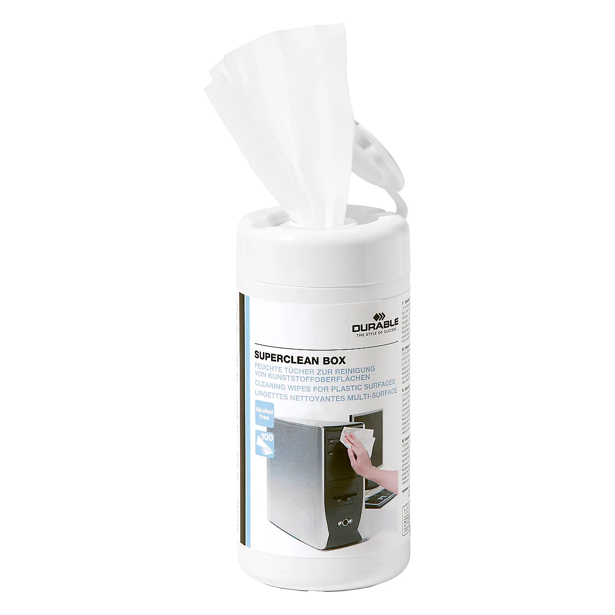 White cleaning wipes in a box. Imprint: SUPERCLEAN BOX, cleaning of surfaces. Application on PC.