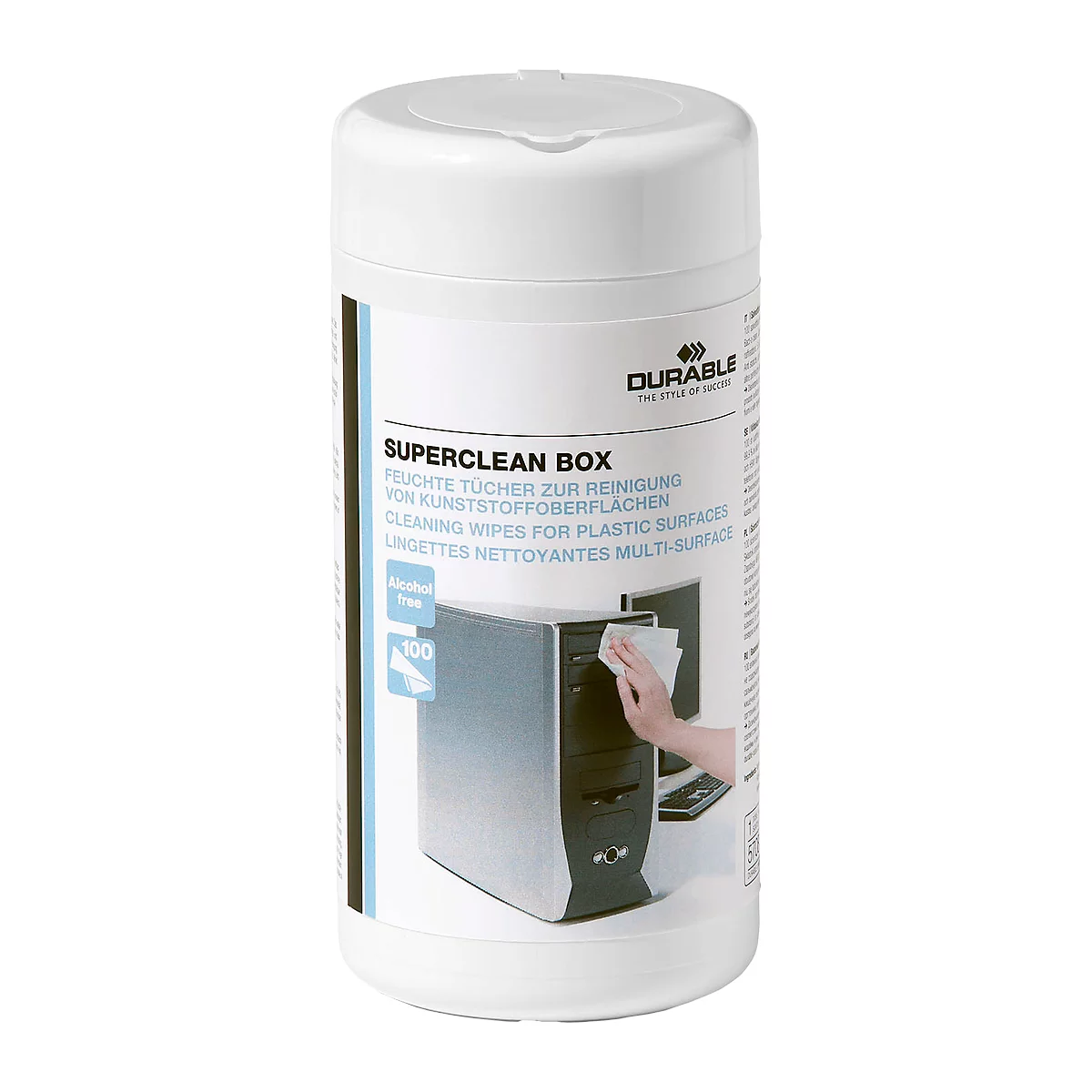 A white container labeled 'SUPERCLEAN BOX'. A hand wipes a cleaning wipe over a computer.