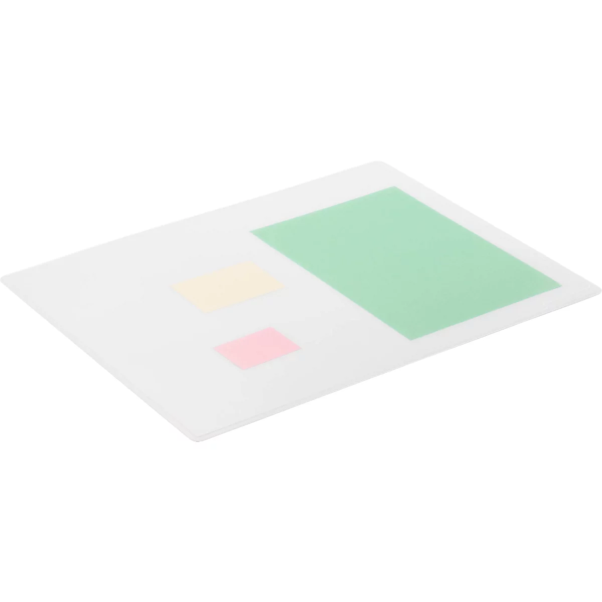 White sheet with green, yellow, and pink sticky notes.