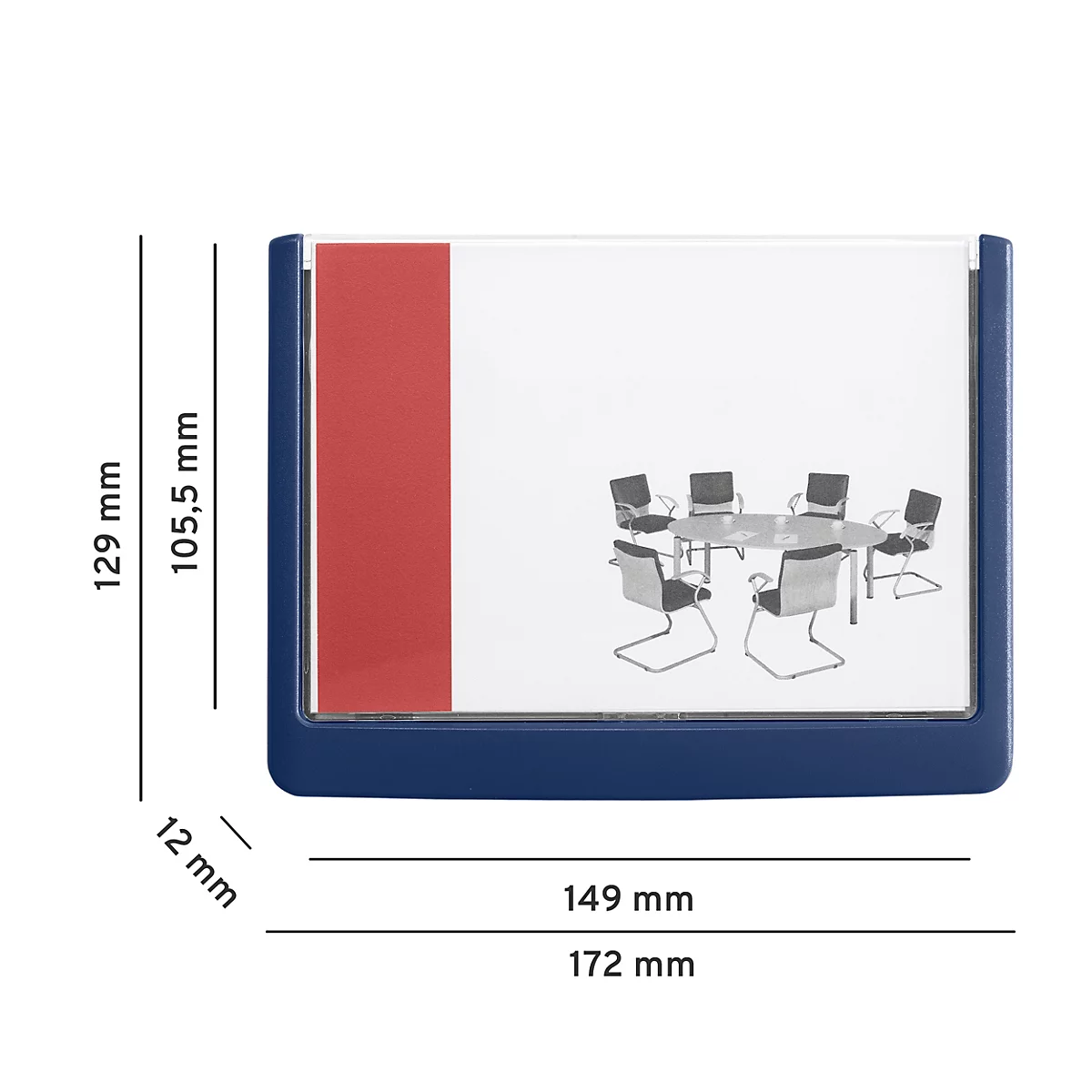 Blauw frame met rode accent, binnenin een afbeelding van een vergadertafel met stoelen.