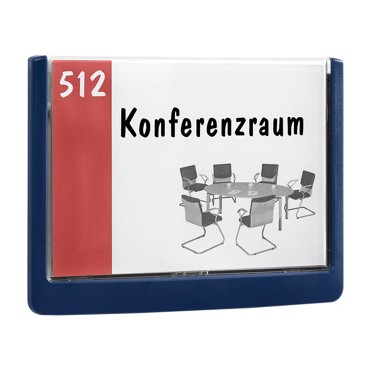 Sign with "Conference room", room number 512. Graphic shows a round table with chairs.