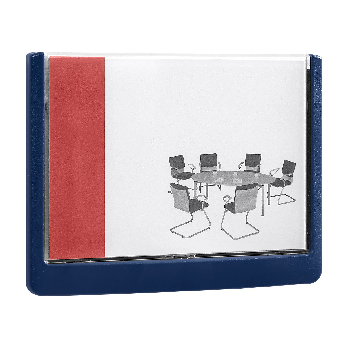 Blue picture frame with red stripe on the left and office drawing.