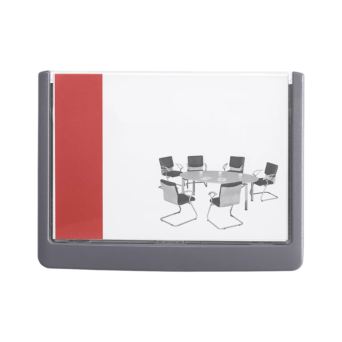 Gray case with a red stripe, behind it a meeting room with a table and chairs.