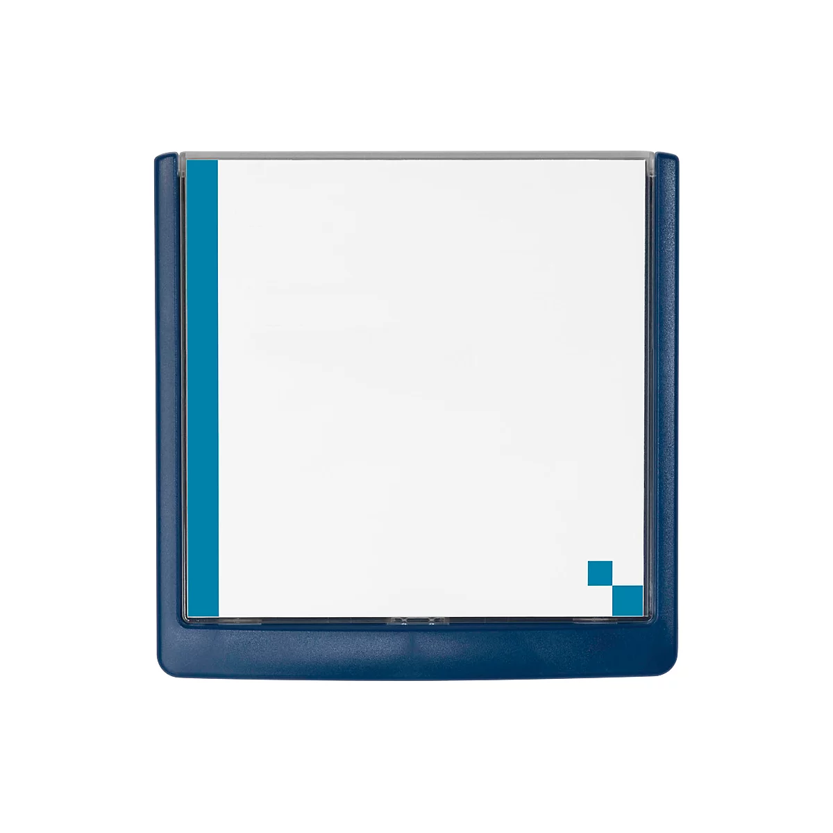 Dark blue square box with white interior and blue stripe on the left. There are two small blue squares in the bottom right corner.