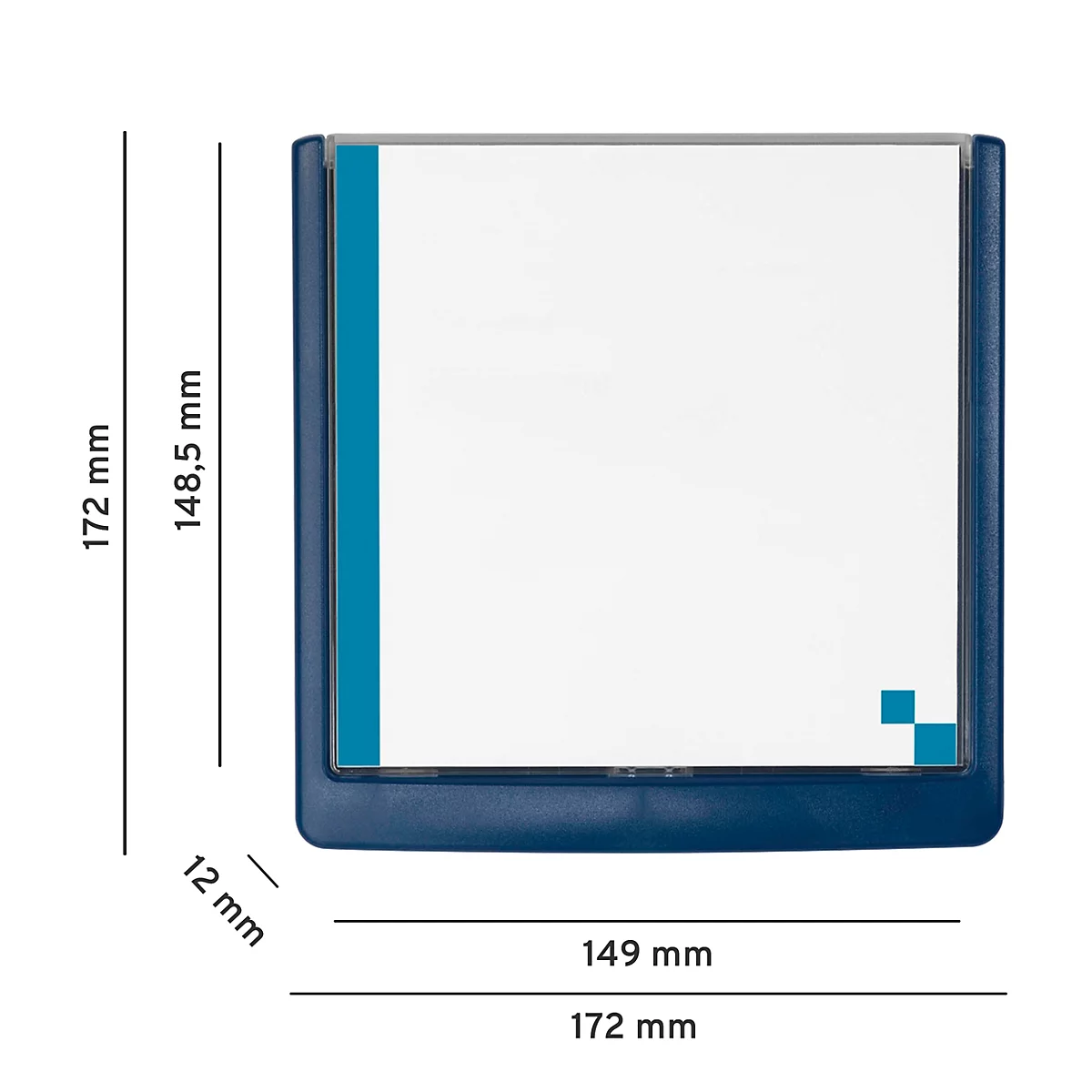Blue document tray with white background and dimensions. It indicates the height, width and depth of the tray.