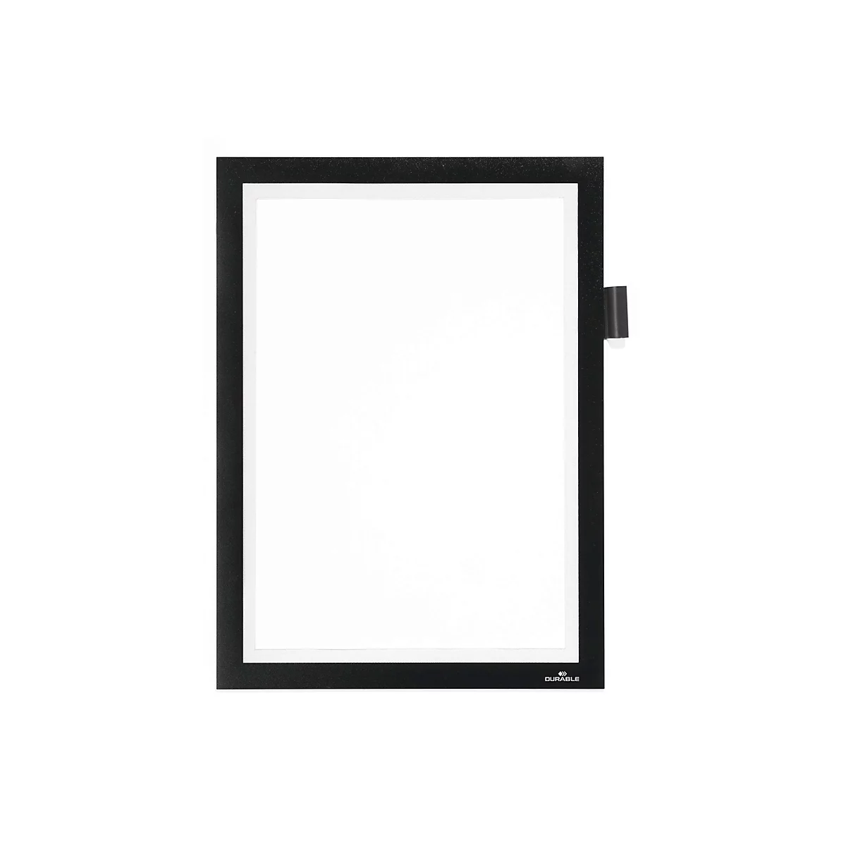 Schwarzer Rahmen mit weißer Fläche, an der Seite ein schwarzer Clip. Unten rechts steht „DURABLE“.