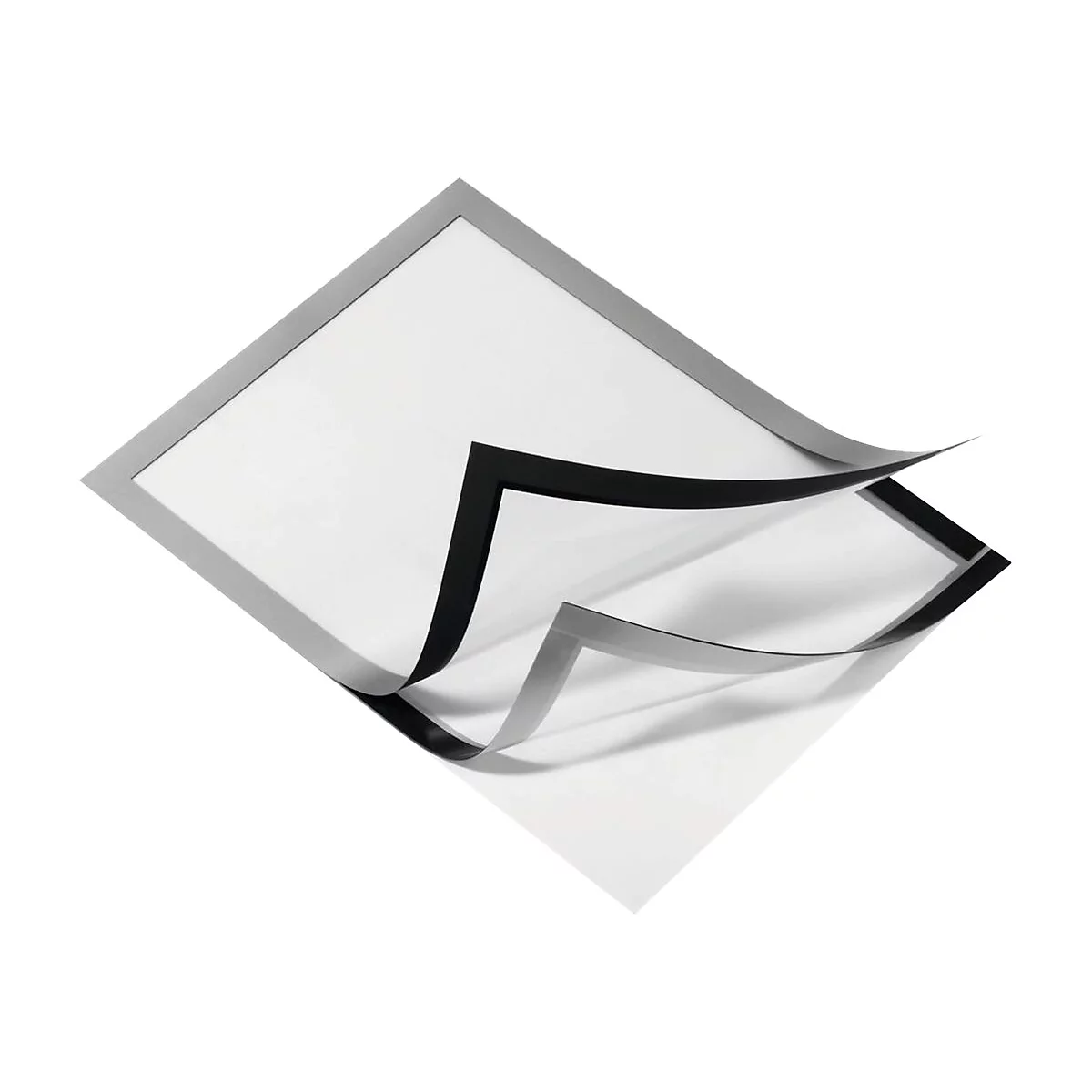 Hellgrauer Bilderrahmen, mit einer schwarzen magnetischen Abdeckung, die sich teilweise abhebt, um die weiße Oberfläche darunter zu zeigen.