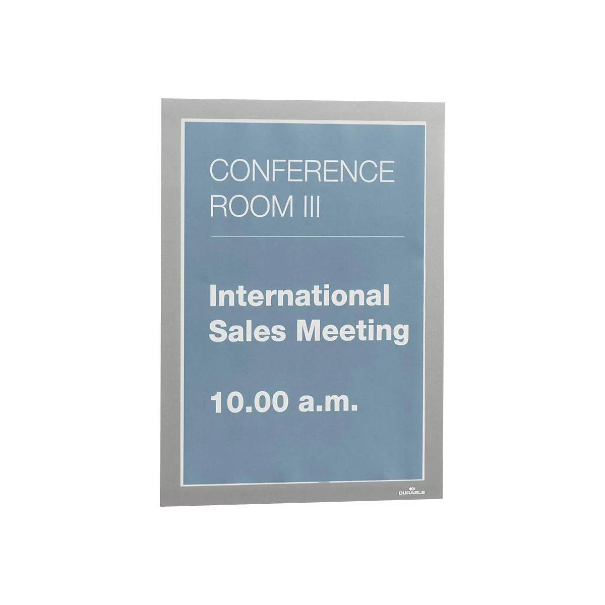Schild mit der Aufschrift Konferenzraum III, Internationales Sales Meeting um 10:00 Uhr.
