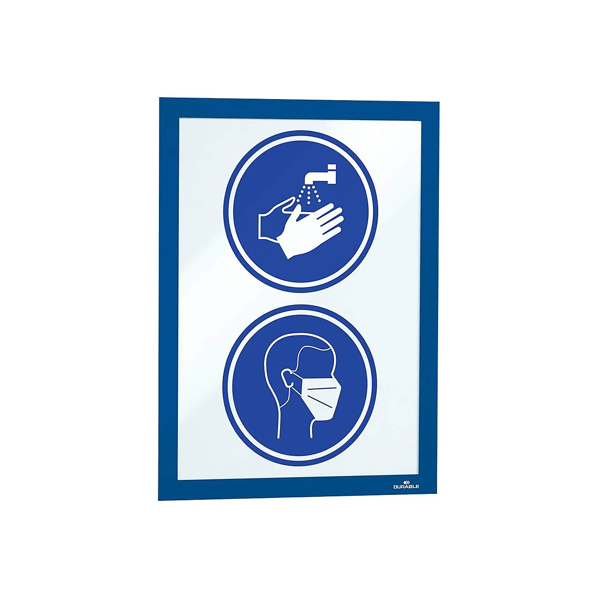 Blaues Schild mit zwei weißen Kreisen. Oben: Hände unter Wasserhahn. Unten: Kopf mit Maske. Rahmen blau.