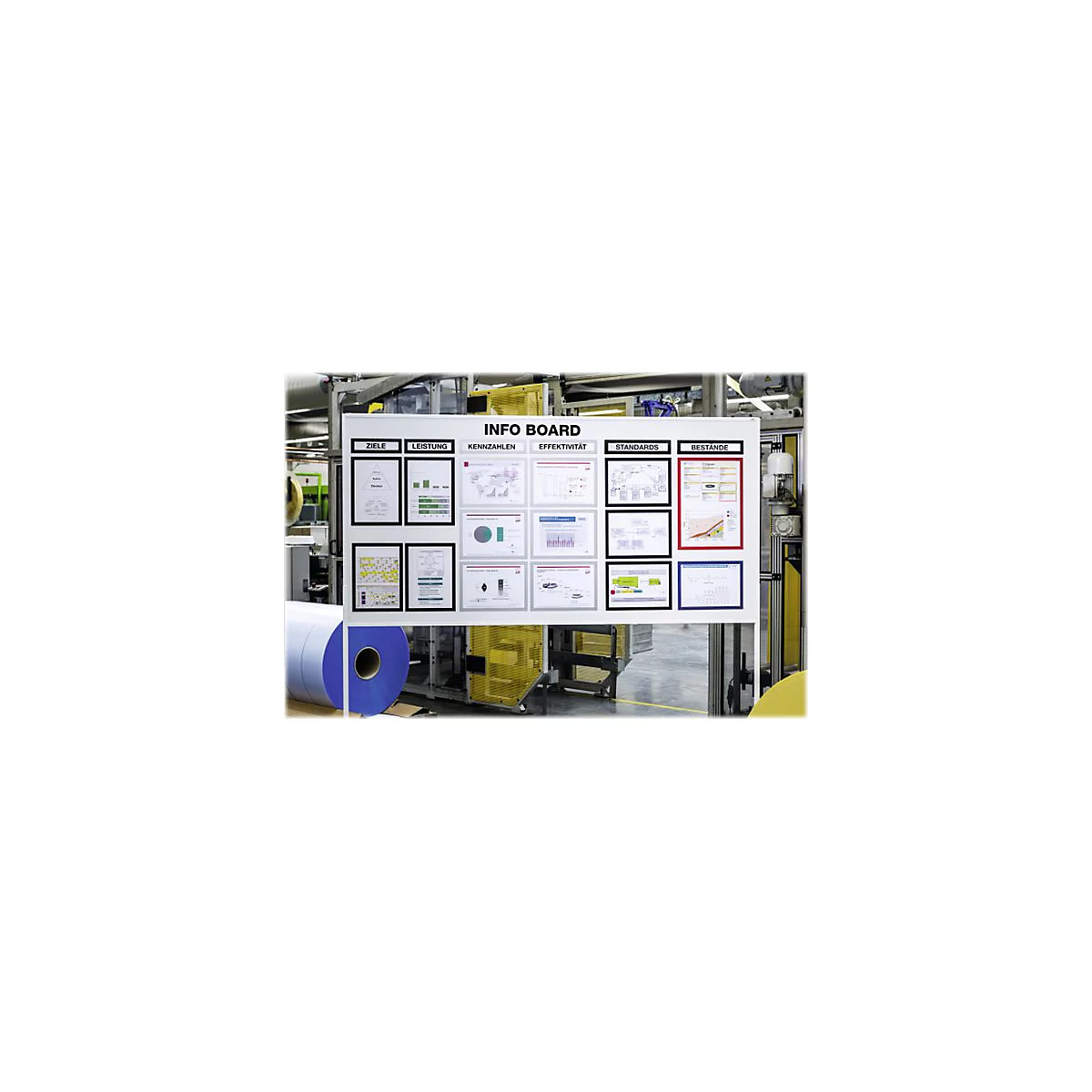 Infotafel mit Diagrammen und Texten in einer Fabrikhalle. Oben steht "INFO BOARD".
