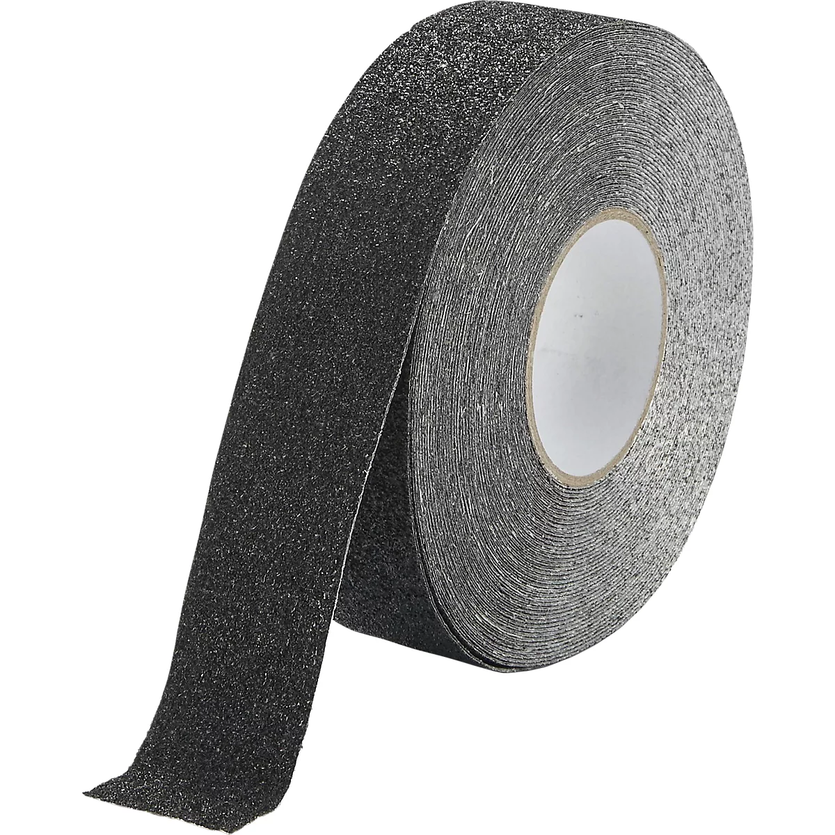 Roll of grey anti-slip tape. The tape is covered with fine, dark particles. The core is white.