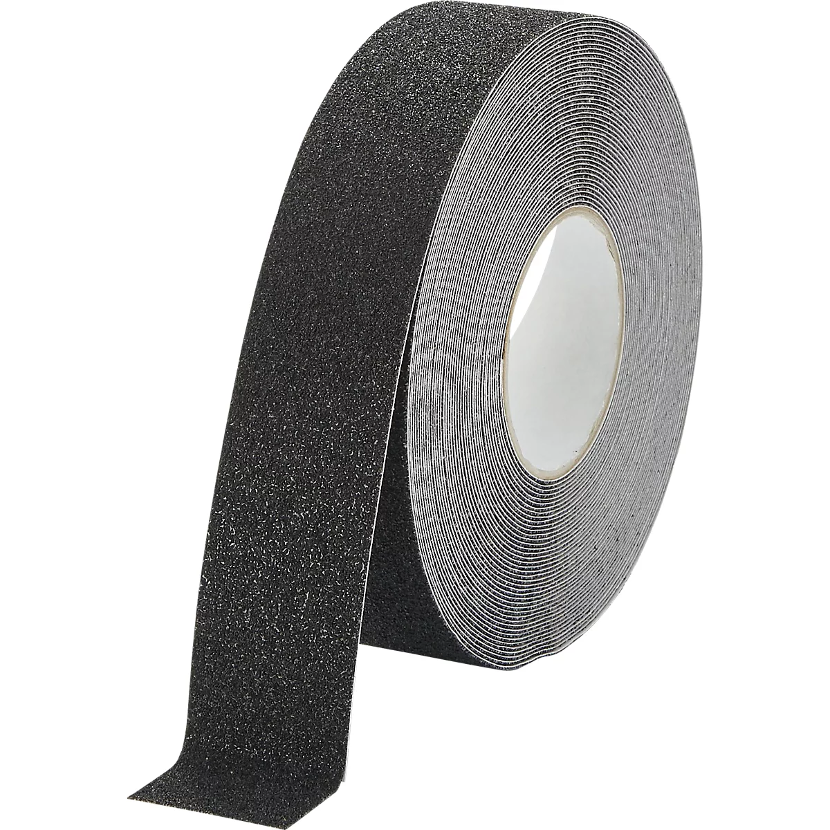 Black and gray non-slip adhesive tape on a roll. Top with granular texture to prevent slipping. Roll of tape on white background.