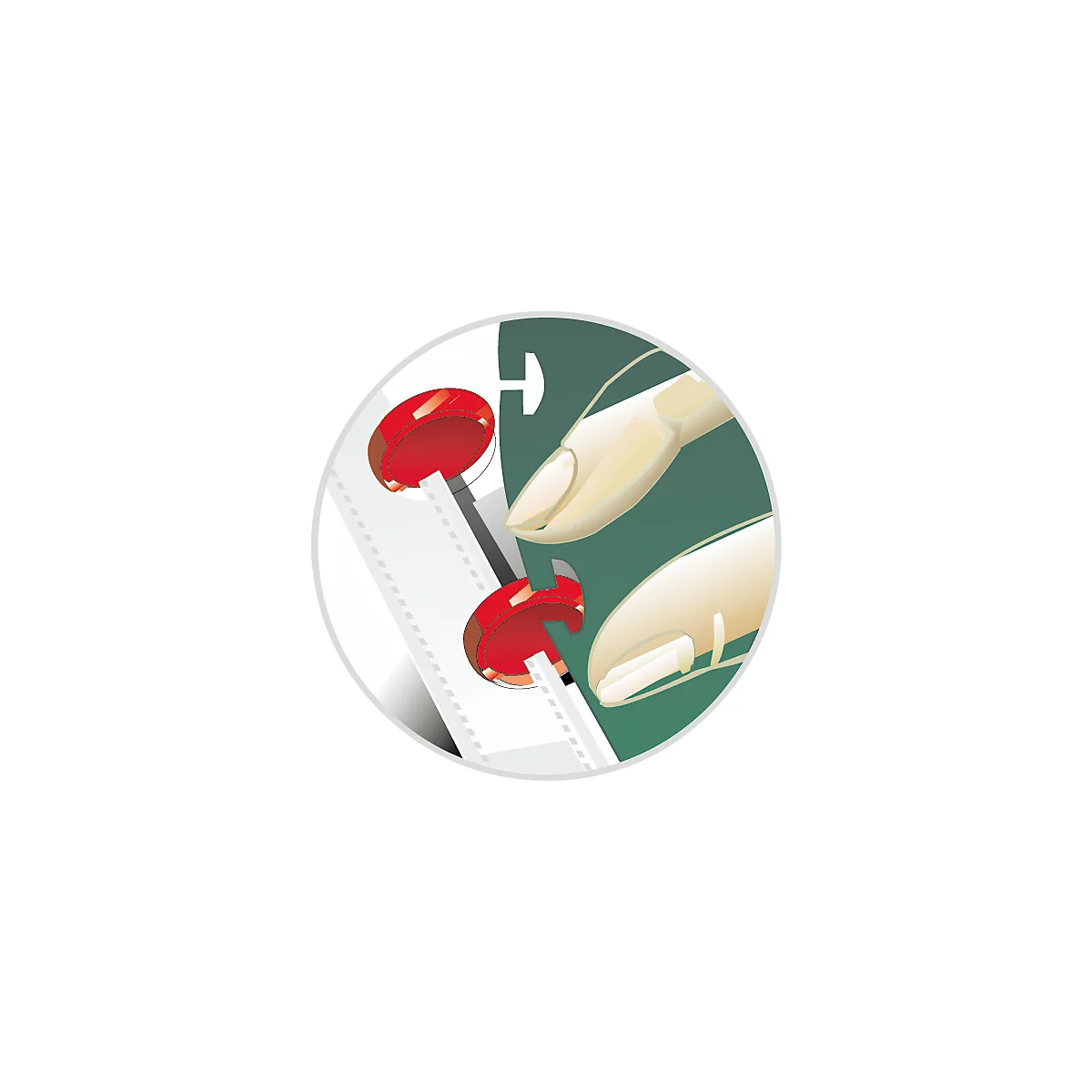 Illustration of two fingers touching red buttons within a white circle, set against a green background.