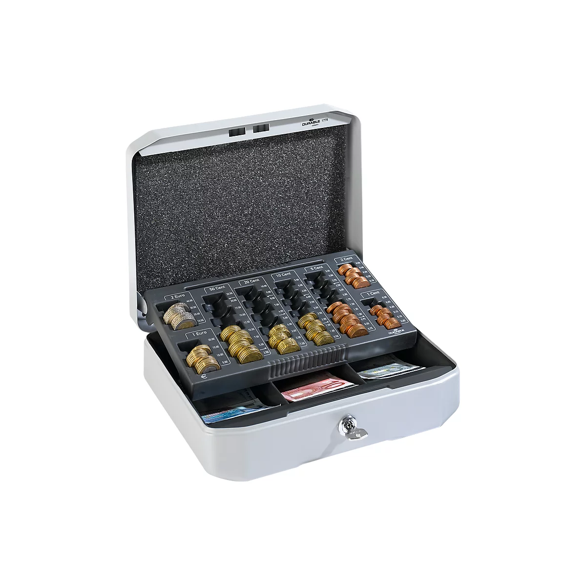Open cash box with coins and banknotes. Foam in the lid, drawers below.