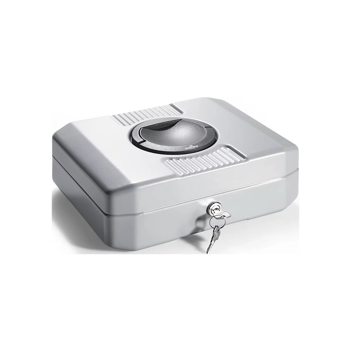 Grey, square box with a round knob, and a keyhole, keys inserted.