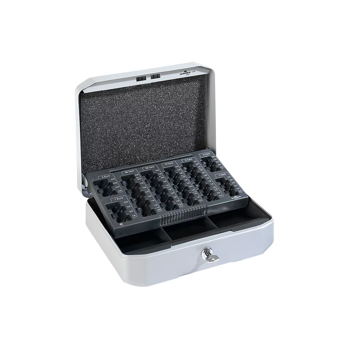 Open, silver coin case with sorting compartments for euro coins.