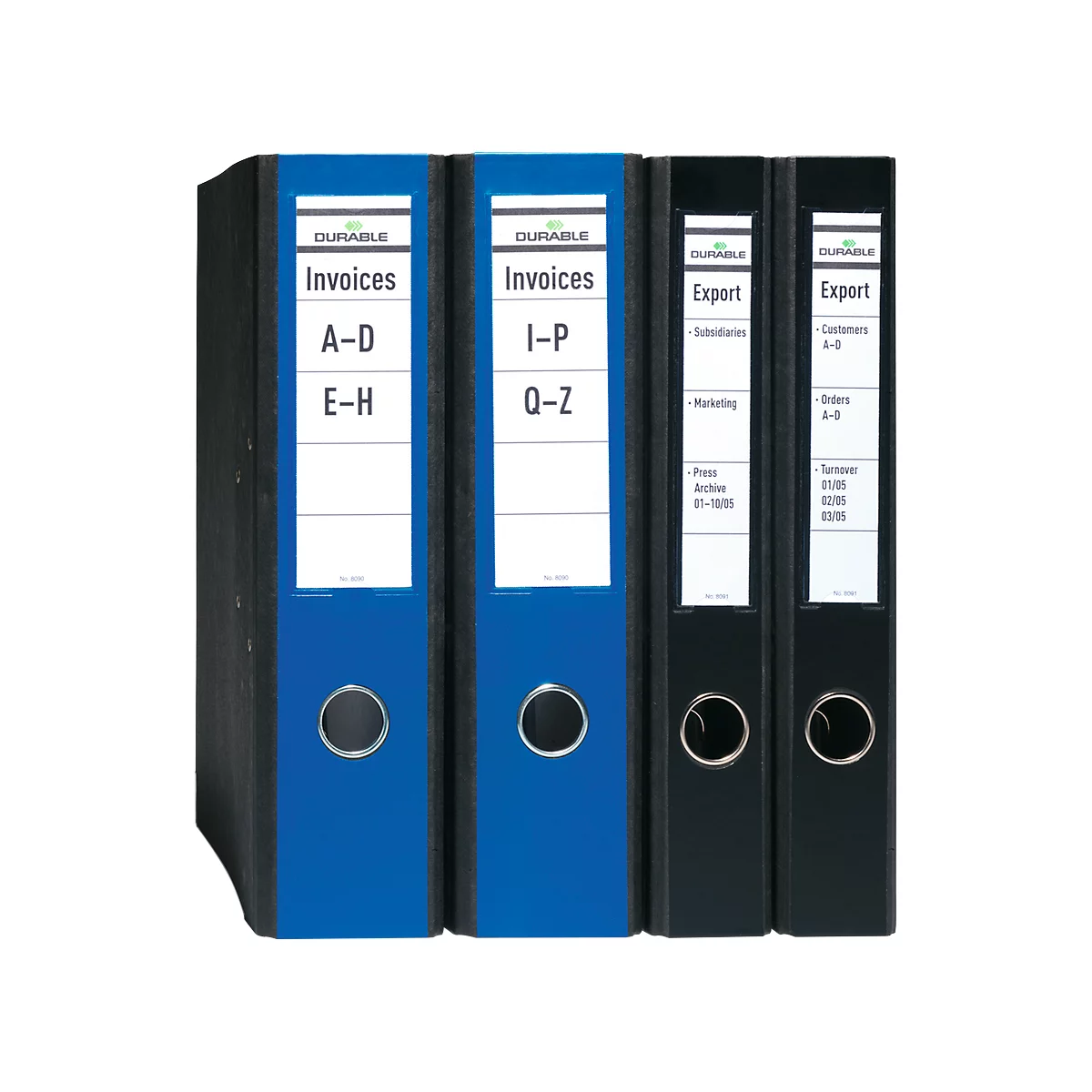 Three ring binders are side by side, two blue and two black. The labels show "Invoices" and "Export".