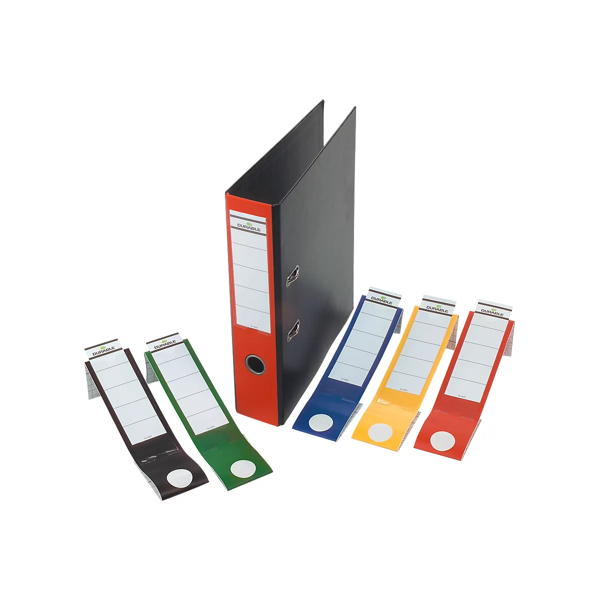 Black folder with a red spine, next to it colorful labeling strips. Labels with white field to fill.