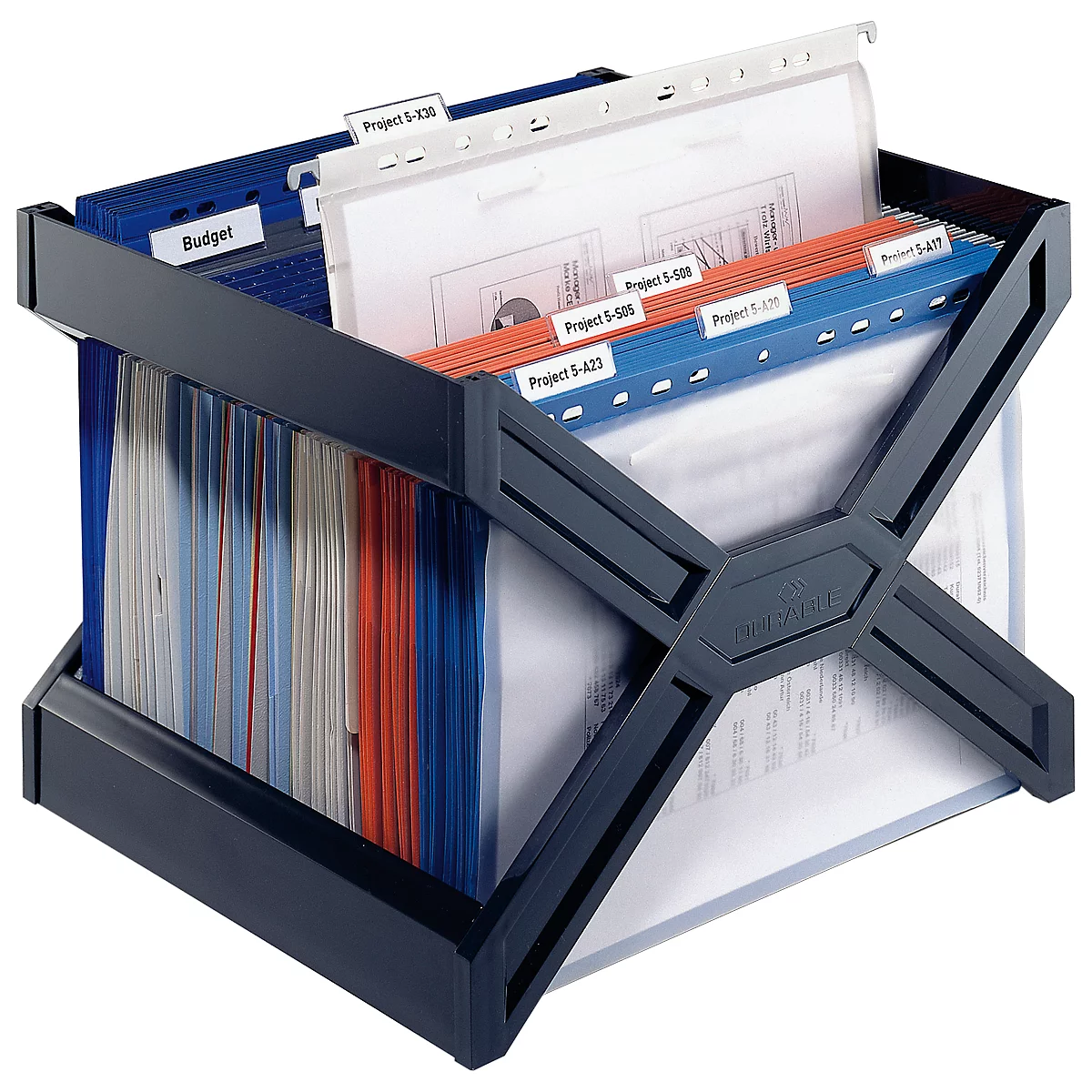 Black file holder with colorful file folders and labels like 'Budget' and 'Project'.
