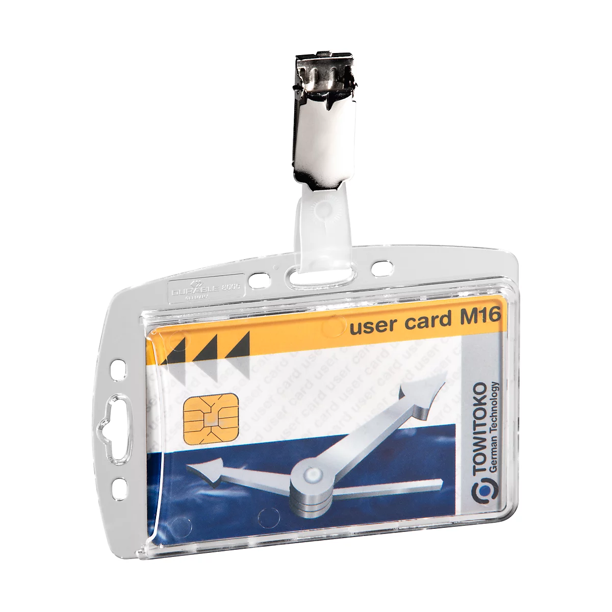 ID card with clip, chip, and text 'user card M16'. Towitoko logo.