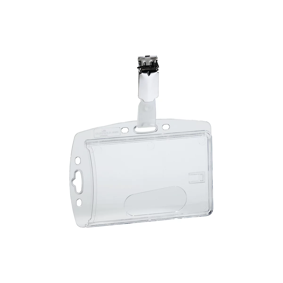 Transparent ID badge holder with metal clip and cutout.