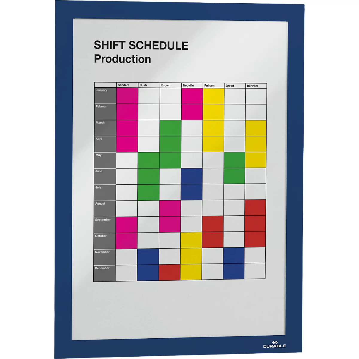 Shift schedule with colored fields in a blue frame. Title: SHIFT SCHEDULE Production. Months and days are listed in a table.