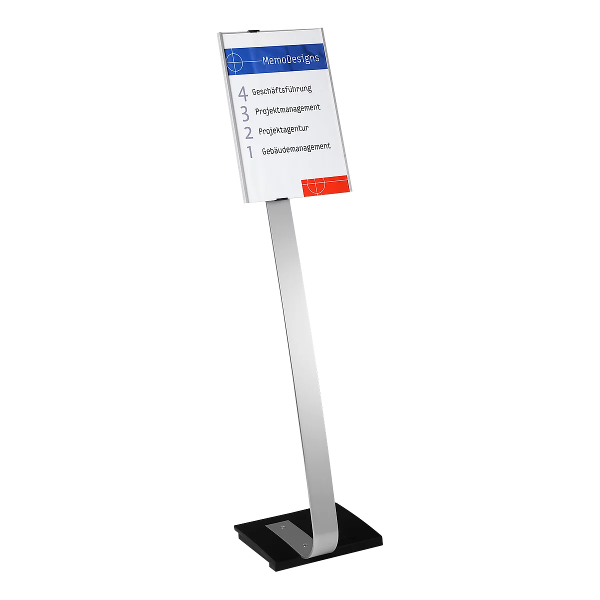 A white sign with text, on a metal stand. The text reads: 4 Management, 3 Project Management, 2 Project Agency, 1 Building Management.