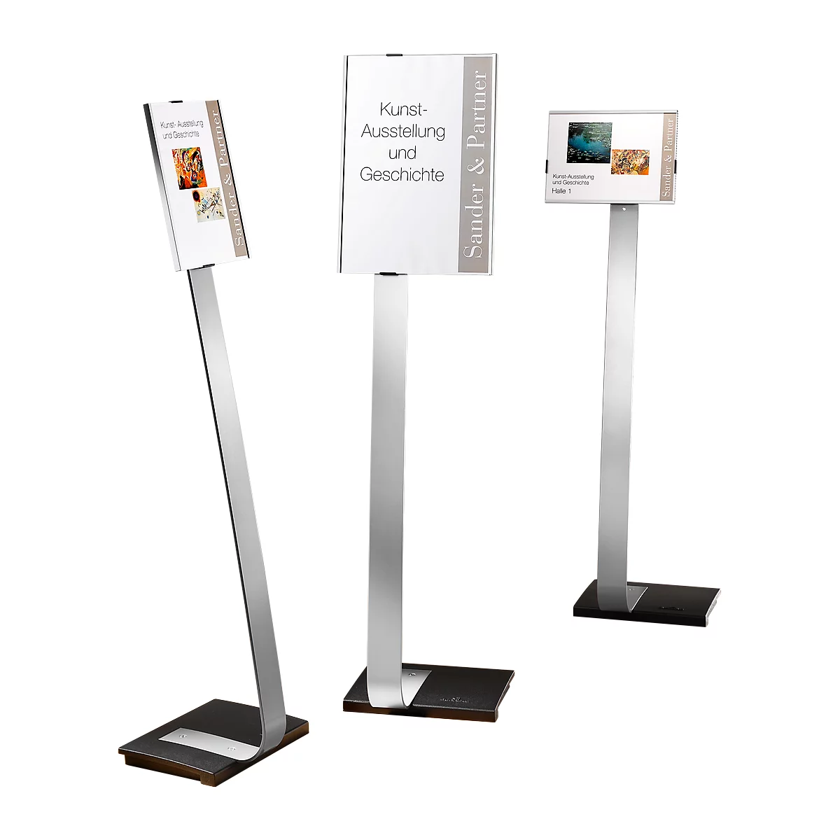 Three info stands with signs, with text such as 'Art Exhibition and History'. All have square bases and silver stands.