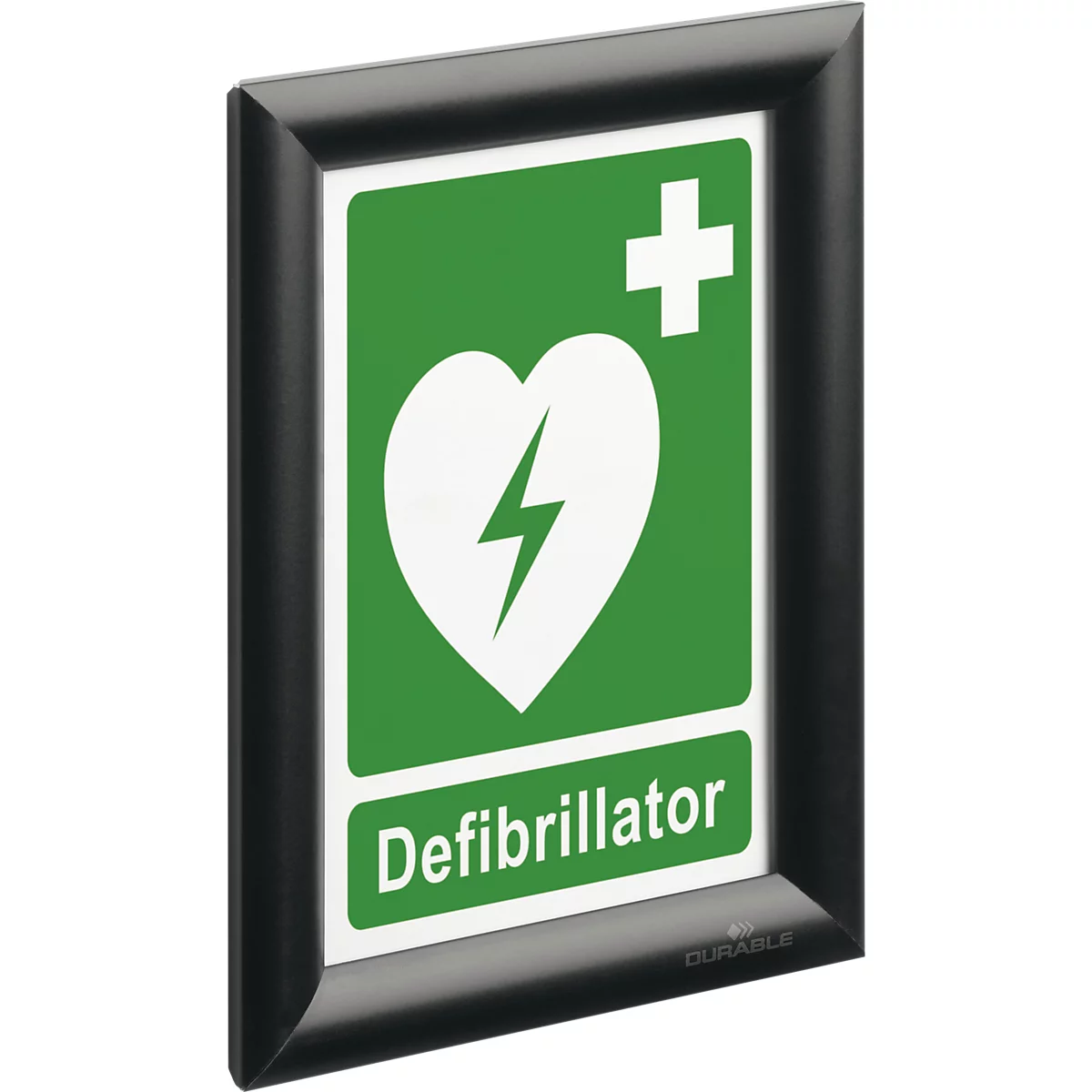 Groen defibrillatorschild met een wit hart en bliksemschicht in een zwart klikframe.