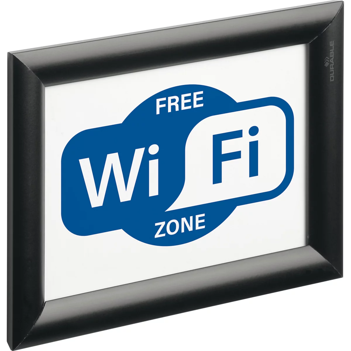 Zwarte posterlijst met witte inzet, toont een blauw Free Wi-Fi Zone logo.