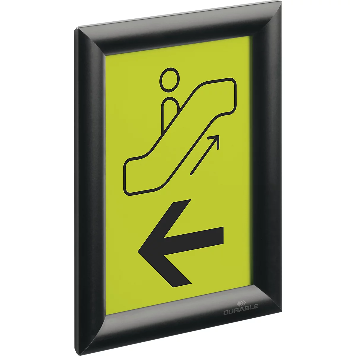 Zwarte kliklijst met geel bord en zwart pictogram van een roltrap omhoog met pijl naar links.